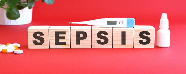 The word SEPSIS is made of wooden cubes on a red background. Medical concept.