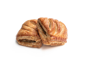 Sausage meat in puff pastry isolated on white