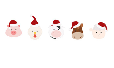Set of christmas cartoon farm animals, face of pig, rooster, cow, horse, sheep	
