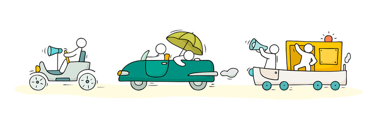 Sketch set with cute cars and people