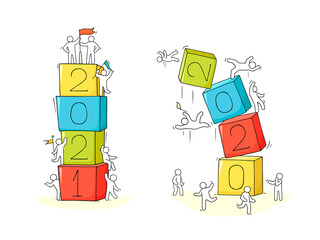 2021 2020 New Year concept. Little people prepare to celebrate.