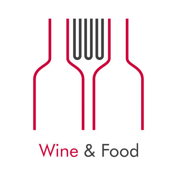Logotipo lineal con texto Wine & Food con botella de vino y tenedor en gris y granate