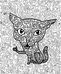 Cat in thumbs up pose with doodle drawing pattern inside and on background.