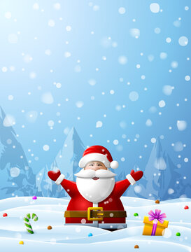 Santa Claus with his hands up stands in snow nearby candy cane and gift. Winter landscape with christmas snowfall. Vector image for christmas, new years day, winter holiday, new years eve, silvester