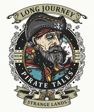 Old pirate captain smocking pipe. Old school tattoo style. Marine t-shirt art. Symbol of ocean adventure, treasure island. Elderly sea wolf, parrot, compass, rope, wave, swallows and black cats