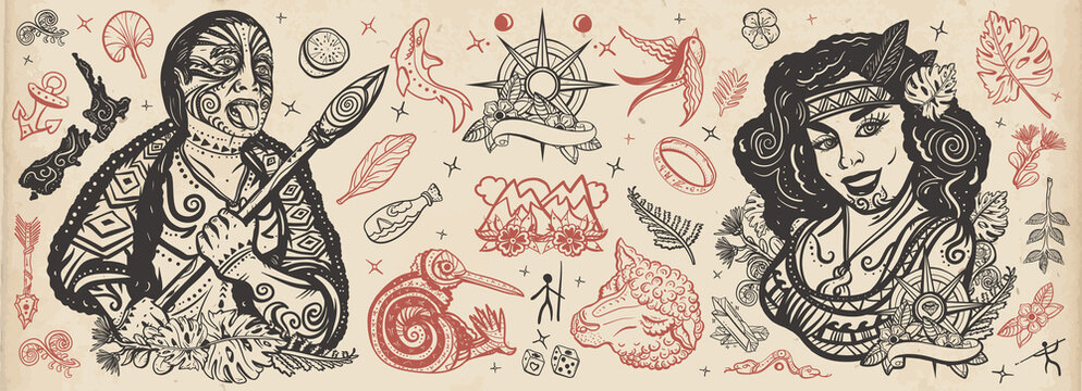 New Zealand. Old school tattoo vector collection. Aboriginal tribes, Maori warrior grimace. Kiwi bird, sheep, mountains, map. Tradition and people. Ethnic Polynesian woman in traditional costume