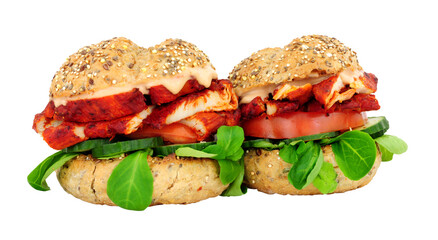 Chicken tikka meat and salad sandwich rolls isolated on a white background