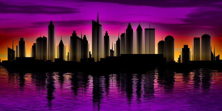Stilisierte Skyline im Abendrot.
