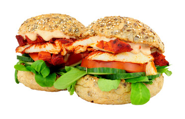 Chicken tikka meat and salad sandwich rolls isolated on a white background
