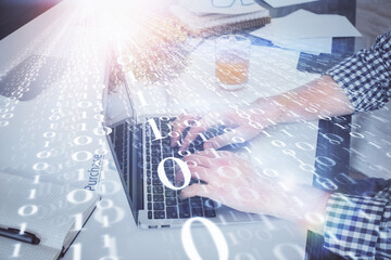 Multi exposure of tech drawings with man working on computer background. Concept of innovation.