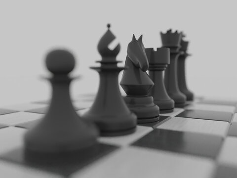 Chess pieces on a board. Isolated on white. 3D render.