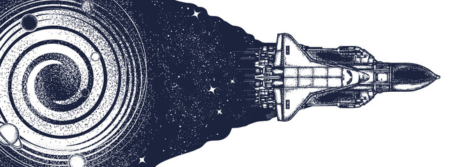 Space shuttle in universe. Symbol of flight to new galaxies. Black and white surreal graphic