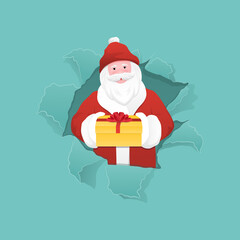 Cute Santa Claus character holding a gift box and peeking from ripped paper hole.