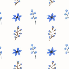 
Seamless floral pattern on a white background. Blue flowers. Clip art illustration. Packaging. Postcards. Linens.
