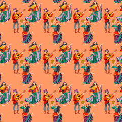 Romany dance. Roma gypsy girls dancing traditional dance, a Gypsy man playing  guitar. Seamless background pattern.