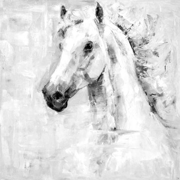 white-grey horse oil painting