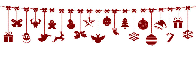 christmas ornaments hanging rope red isolated background. vector illustration