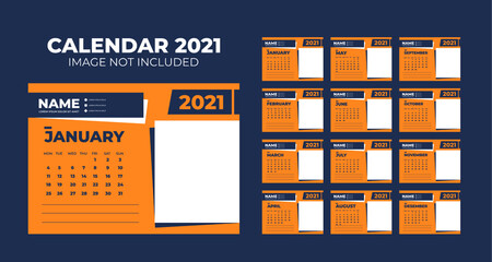 Calendar 2021, Set Desk Calendar template design with Place for Photo and Company Logo. Week Starts on Monday. Set of 12 Months.