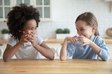 Cute smiling diverse little girls drinking fresh water, sitting at wooden table in kitchen, looking...