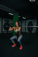 Fototapeta na wymiar Fit young girl with light brown hair wearing black leggins, pink top and sneakers and doing squats with barbell, dark gym at background, cross training workout, portrait.
