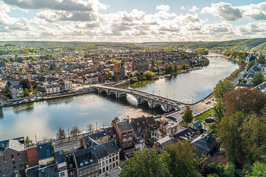 Toeristic pictures of the city Namen.   Wide angle bird perspective shot of namur with the river maas, la meuse.  Best of belgium, wallonie in one postcard.  High resolution shots, les ardennes.