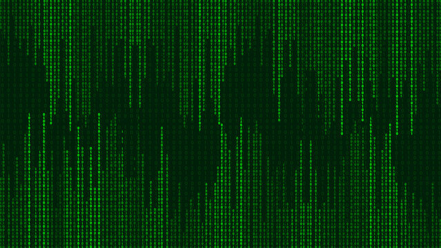 Green matrix background. Falling numbers on screen. Technology stream binary code. Digital vector illustration. Hacking concept.