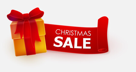 Banner with red ribbon and gold gift and letters Christmas Sale and shadow. Holiday vector illustration for postcard, business card, decor, design, arts, party, sale, advertising, special discounts.