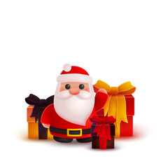 Christmas Santa Claus and gold, yellow, red, black gifts box with bow and ribbon, look like 3d rendering. Happy New Year illustration for postcard, banner, decor, design, arts on white background.