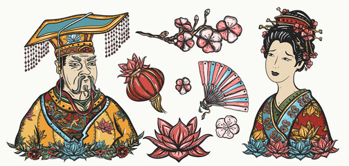 Ancient China. History and culture. Asian art. Traditional tattooing style. Old school tattoo vector collection. Chinese emperor, queen in traditional costume, fan, red lantern, lotus flower - obrazy, fototapety, plakaty