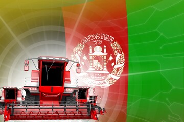 Digital industrial 3D illustration of red modern farm combine harvesters on Afghanistan flag, farming equipment modernisation concept