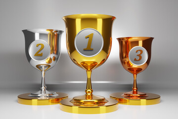 3d illustration of three gold, silver and bronze goblets on gray isolated background. Sports competition awards concept. Award symbols