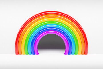 3d illustration of a rainbow round arch on a  white background.  Portal of long inflatable colorful balls to the magical land