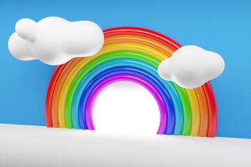 3d illustration of a rainbow round arch with clouds on a  white background.  Portal of long...