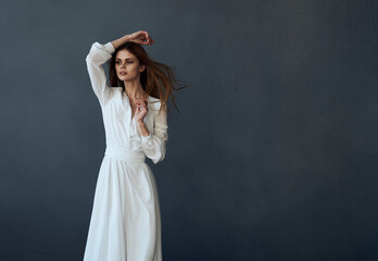 Fototapeta na wymiar Woman in white dress glamor luxury lifestyle studio model