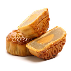 Mid-Autumn Festival moon cake on white background（Non-English texts translation :sweet red bean...