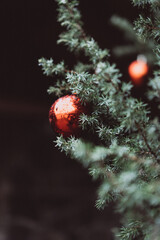 christmas decorations, balls on a christmas tree, christmas background with bokeh, selective focus