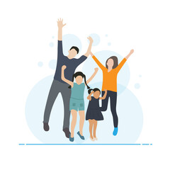 Happy family jumping together. Father, mother and children enjoying concept illustration.