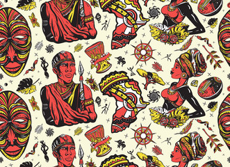 Fototapeta premium Africa art. Woman in traditional turban, maasai warrior, tribal mask, kalimba, map, drum. Ethnic afro girl and black tribe man. African seamless pattern. Tradition and culture background