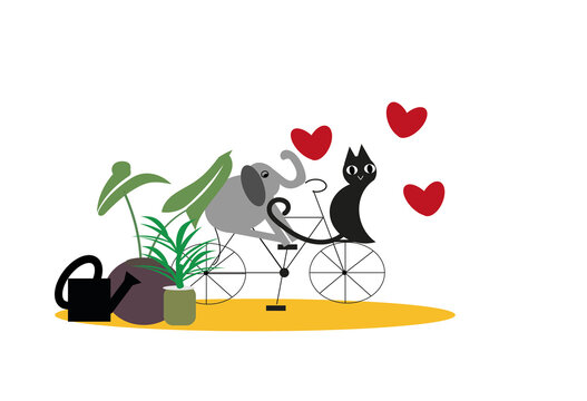Child Illustration with a cat  and elephant on a bicycle