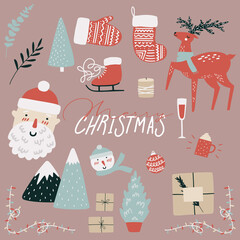 Set of Scandinavian Christmas clipart. Christmas elements collection with Cute Santa, Reindeer, Snowman, ice skates, christmas trees, gift, candle. Illustration of Merry Xmas and Happy New Year 