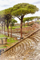 Fototapeta na wymiar Beautiful view on ruins of ancient Roman Ostia Antica colorful painting looks like picture
