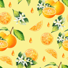 orange, orange slices, leaves and citrus flowers seamless pattern