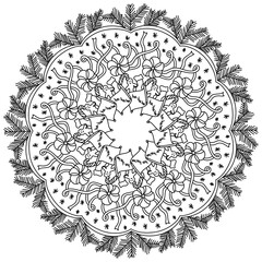 Outline holiday doodle mandala with christmas attributes, zen coloring page on winter theme