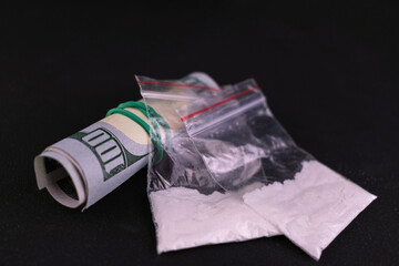 Packs Drugs Money Black Background Dangerous Drugs Concept Copy Space