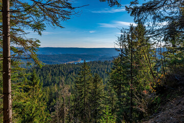 The view down to the Schwarzenbachtalsperre in the Black Forest National Park in Germany on a sunny autumn day