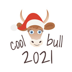 Cartoon cute young bull wearing red Santa hat and lettering. Symbol 2021 New Year, vector illustration isolated on white. For use in Christmas cards, T-shirt printing, holiday interior decoration.