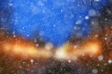 Fototapeta premium colorful background snow snowfall evening christmas lights, soft light blurry