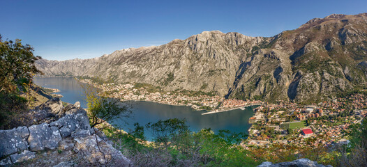 Bay of Kotor and Boko-Kotorsky Bay from the height of Vrmac. View of Kotor. Mountains in Montenegro.