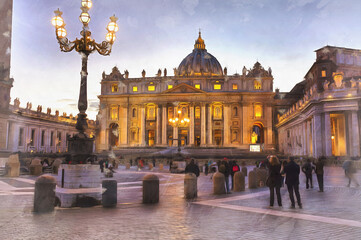 Obraz premium Beautiful view on Papal Basilica of St. Peter in the Vatican colorful painting