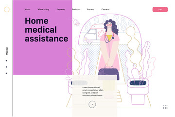 Medical insurance template -home medical assistance -modern flat vector concept digital illustration -nurse standing at the private residence entrance door Home medical service, part of insurance plan
